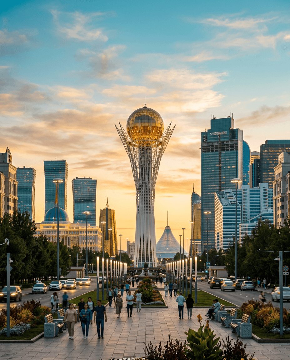 Baiterek Tower and the Astana skyline at golden hour, Kazakhstan