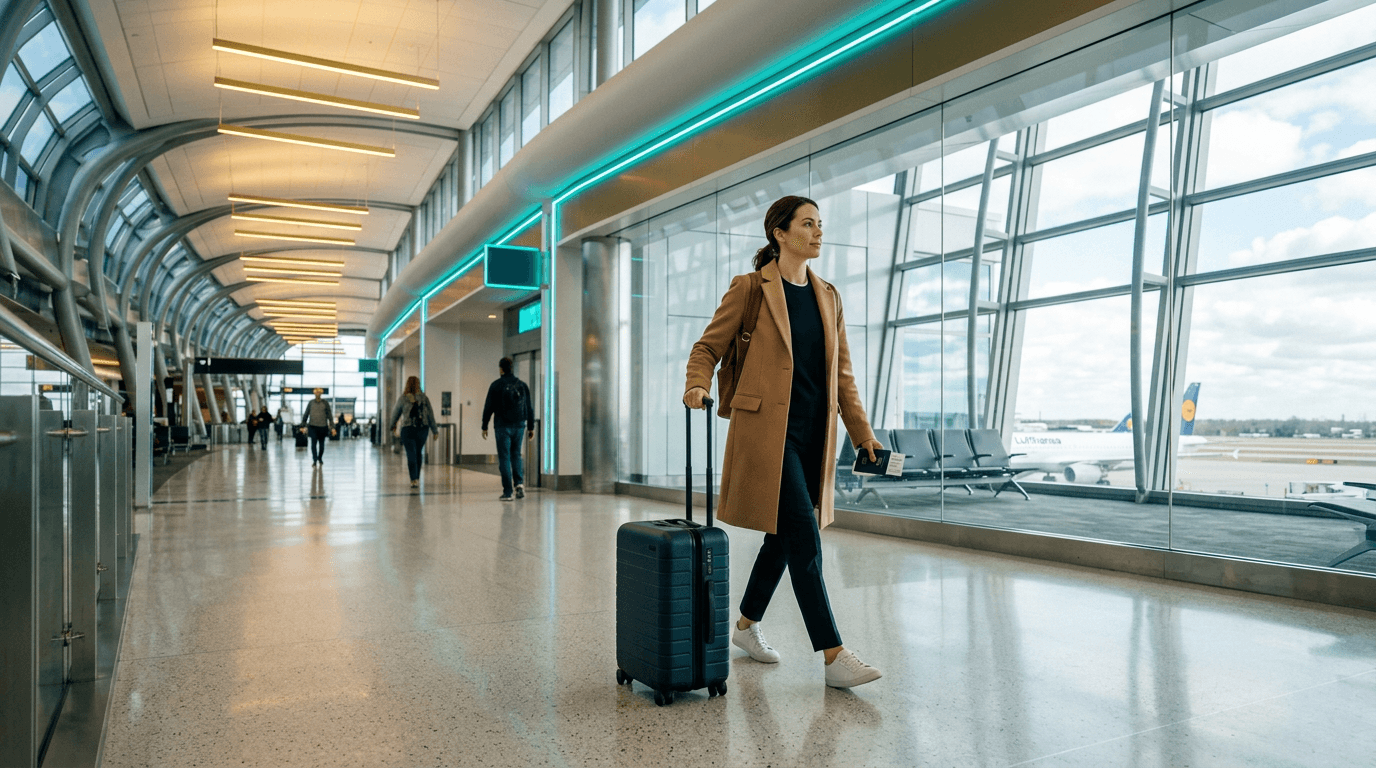 Traveler with a suitcase and passport in a modern airport terminal